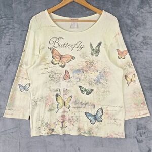 Vintage Womens Top XL Butterfly Y2K Garden Floral Rhinestones All Over Print‎